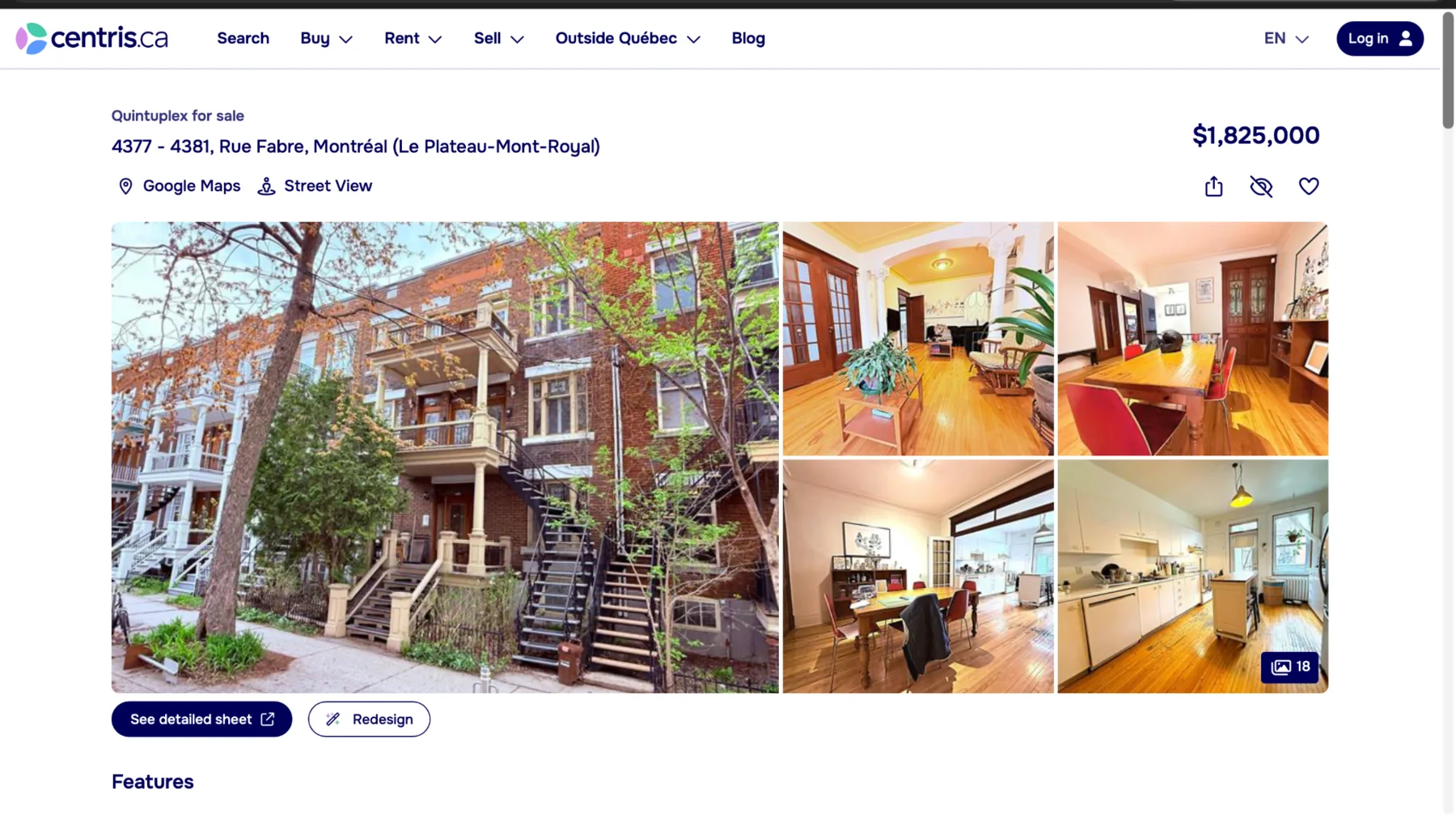 Centris listing page for a monitored quintuple property priced at $1,825,000